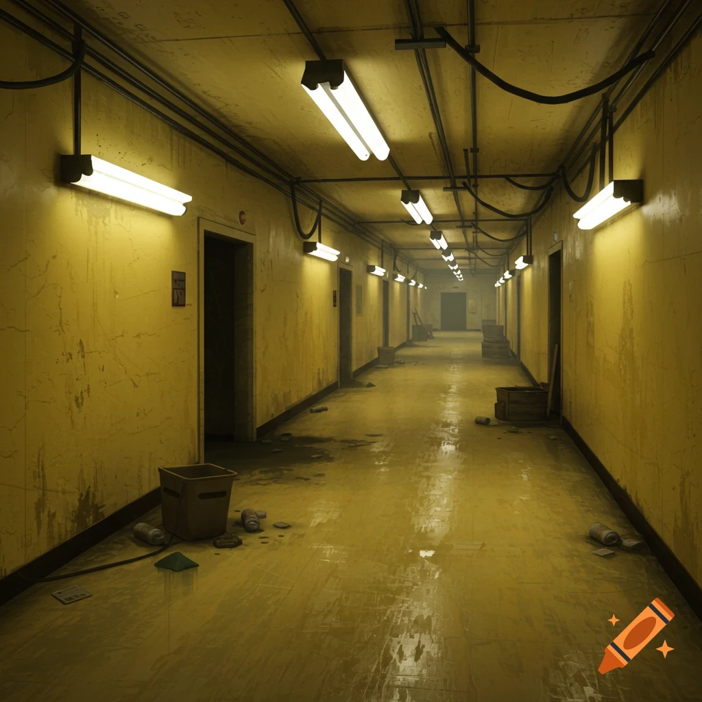 A long, dirty yellow hallway with fluorescent lights and trash on the floor. Photorealistic.