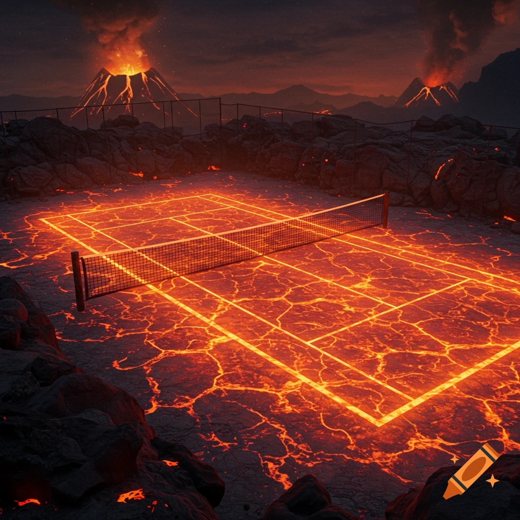 A tennis court made of glowing lava under a dark sky with erupting volcanoes.