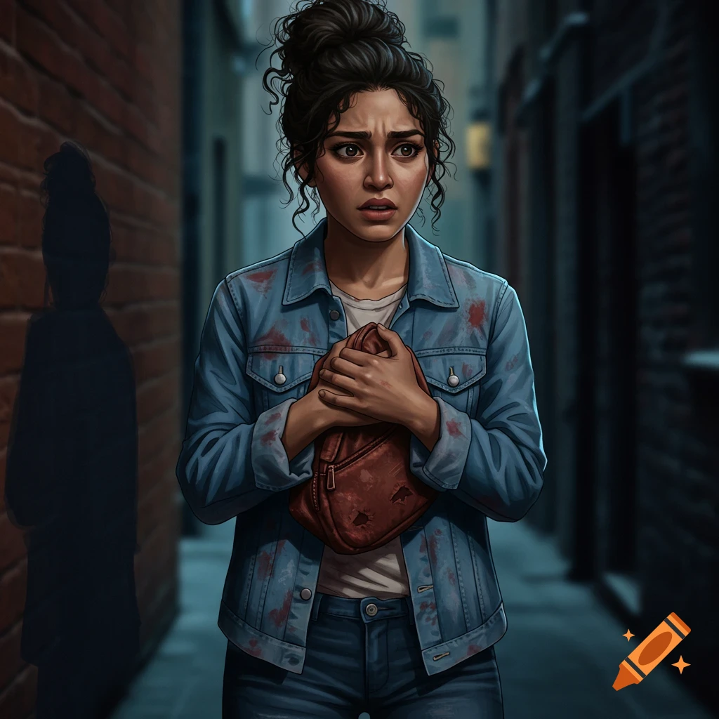 A scared woman clutching a blood-stained purse in a dark alley, digital art style.