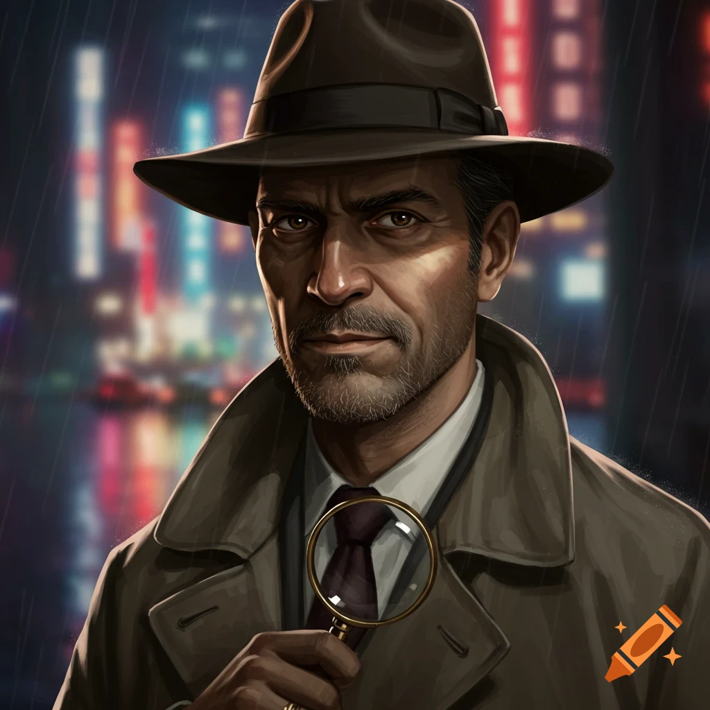 An illustrated image of a man in a hat and trench coat holding a magnifying glass against a blurry city lights background.