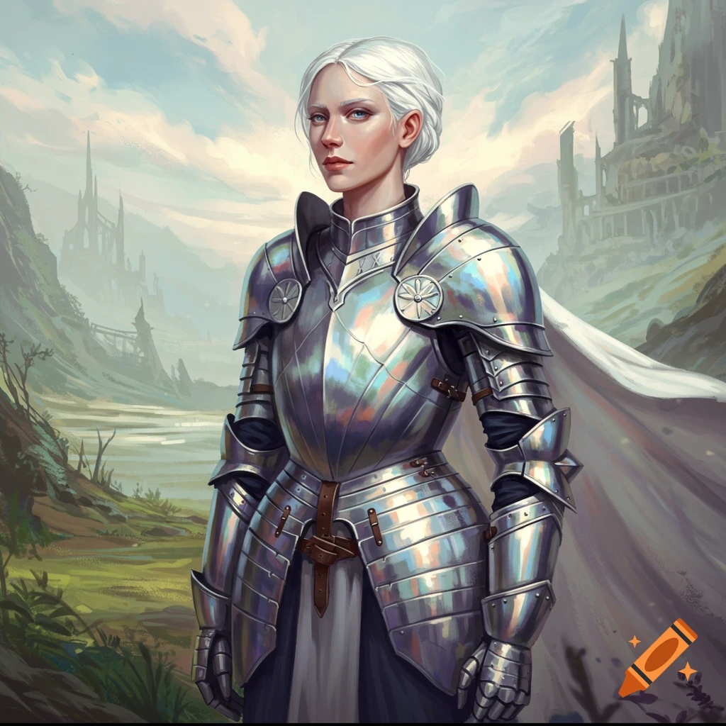 A female knight with white hair and shiny platinum armor stands in a fantasy landscape with castles.