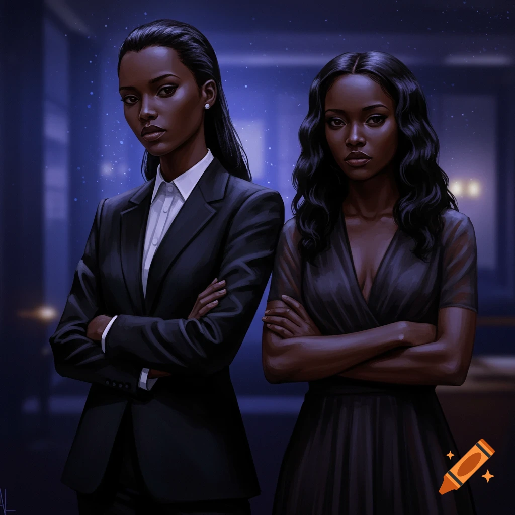 Two Black women stand with arms crossed in a dark room, one wearing a suit, the other a dress.