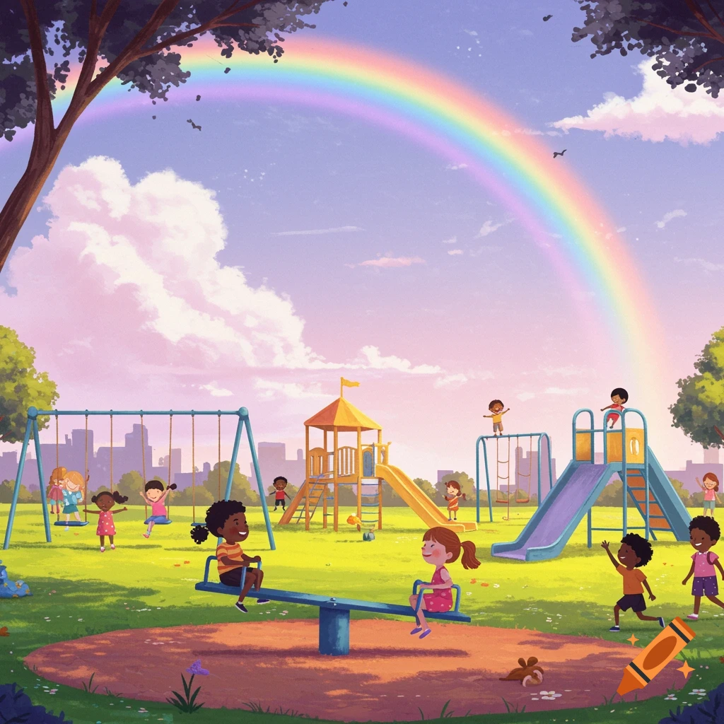 Illustration of many diverse children playing on swings, slides, and a seesaw in a sunny park with a rainbow.