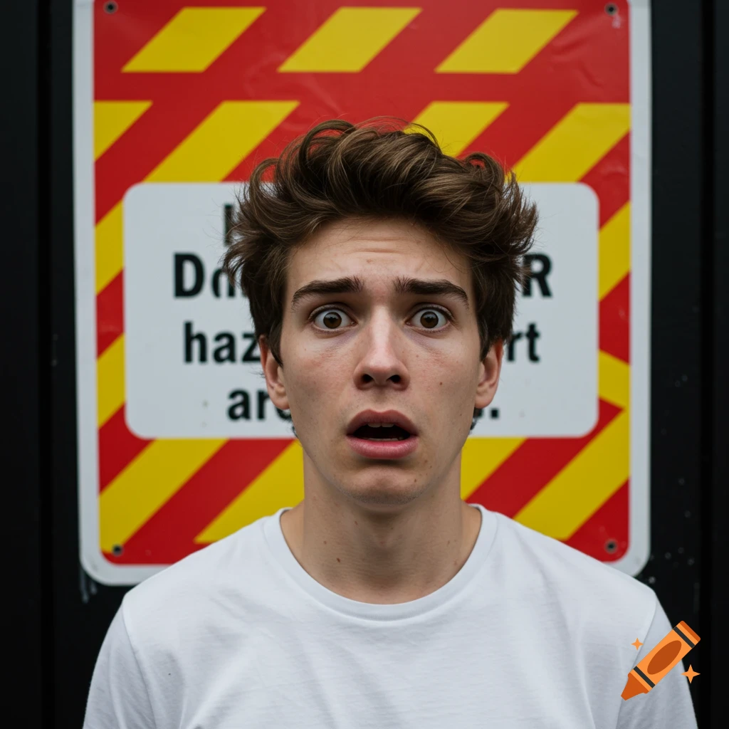 A young man with a shocked expression stands in front of a yellow and red danger sign with distorted text.