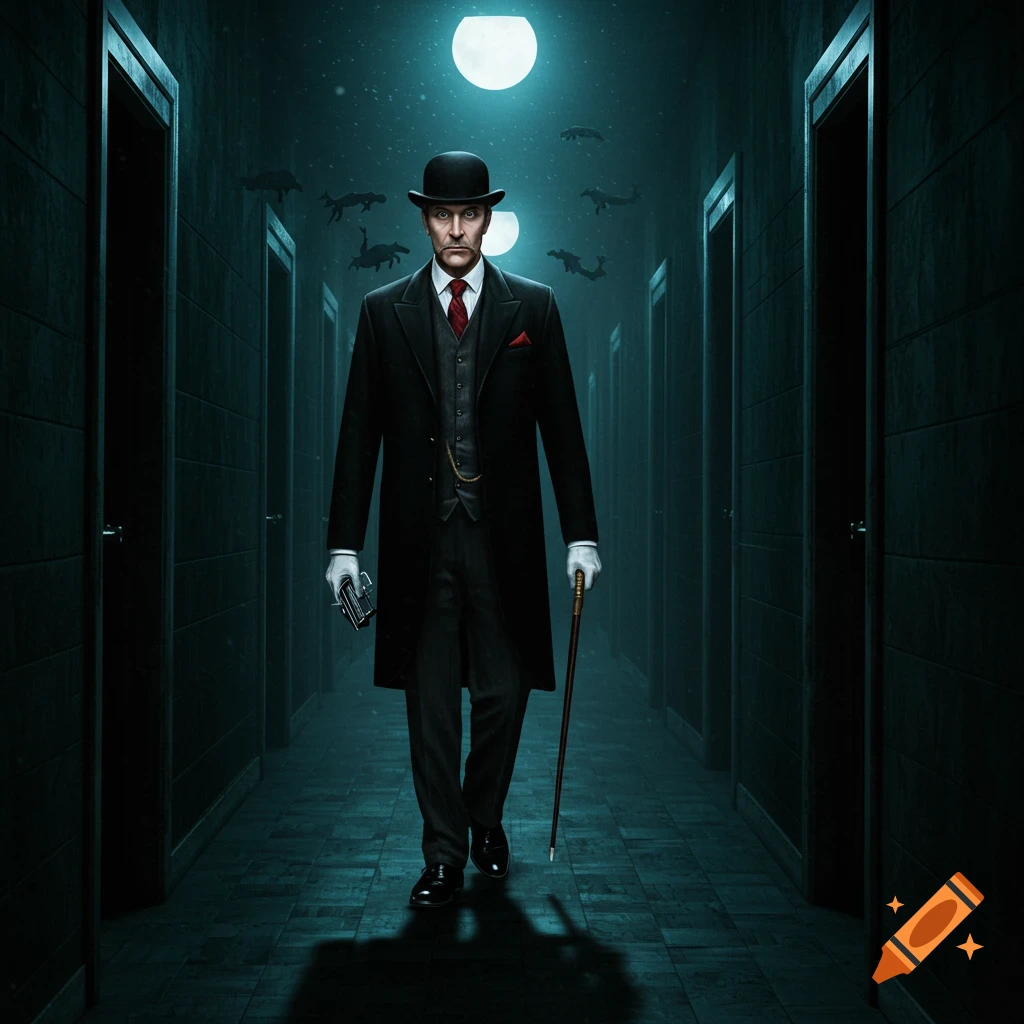 A man in a black coat and bowler hat walks down a dark, eerie corridor with flying creatures overhead.