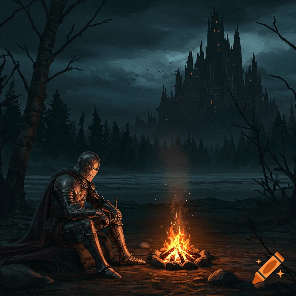 A knight in armor sits by a campfire at night with a dark castle in the background.