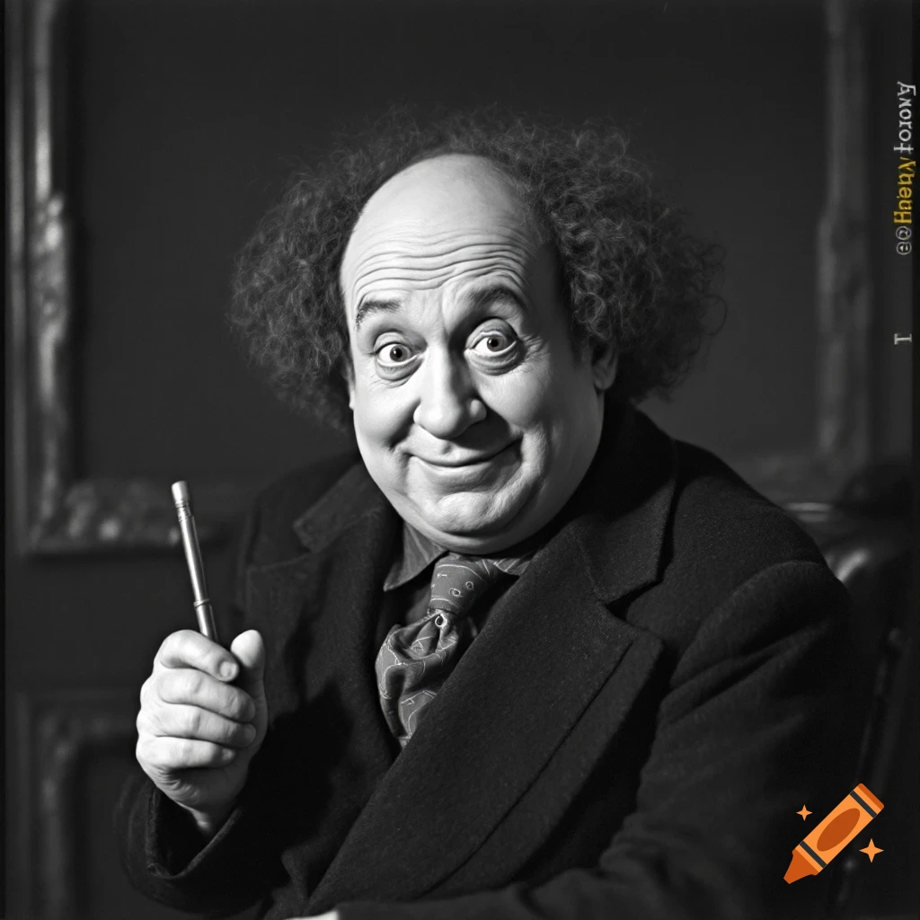Black and white portrait of a smiling man resembling Larry Fine holding a pen.