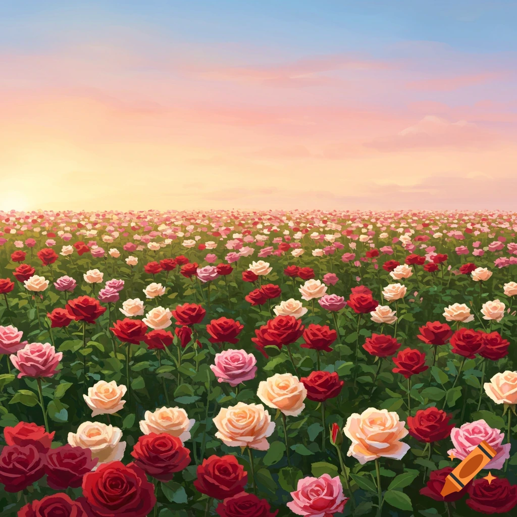 A wide field filled with red, pink, and white roses under a sunset sky.