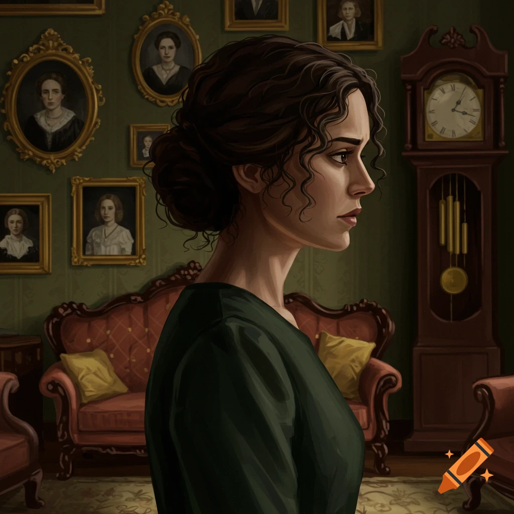 Painting of a woman in profile in a historical interior with portraits and a clock.