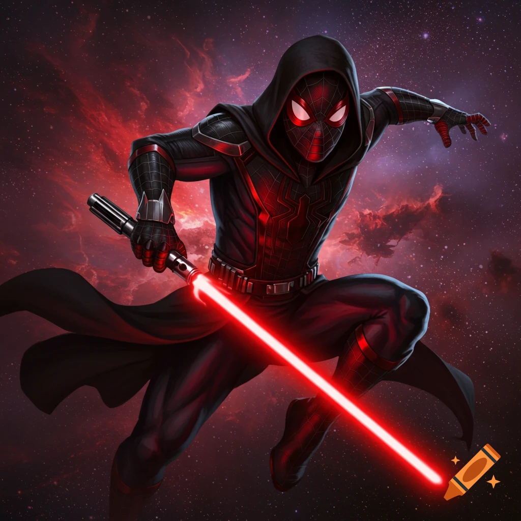 Spider-Man in a Sith costume with a red lightsaber against a space background.