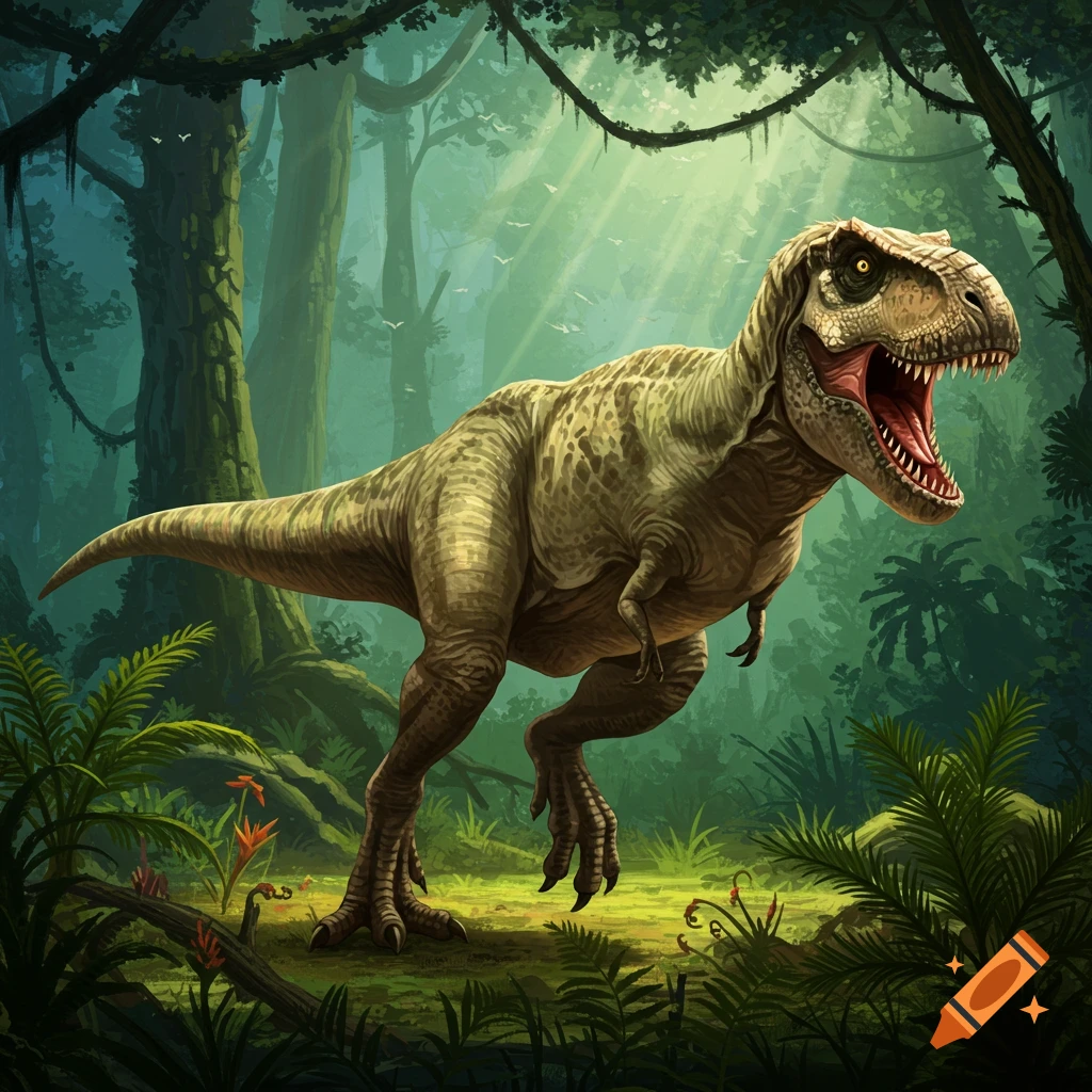 A large Tyrannosaurus Rex walks through a lush, green jungle.