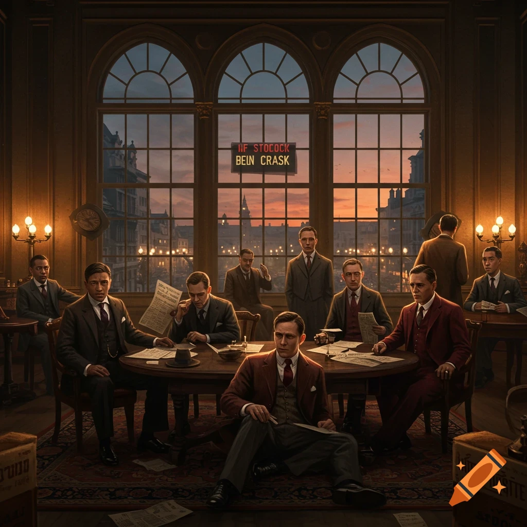 Men in suits meet around a table in a room with large windows overlooking a city.