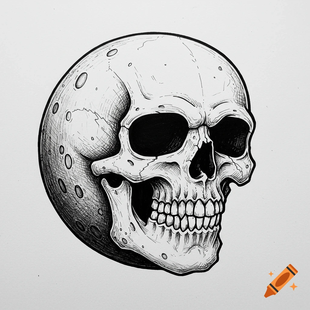 Black and white drawing of a skull face on the moon.