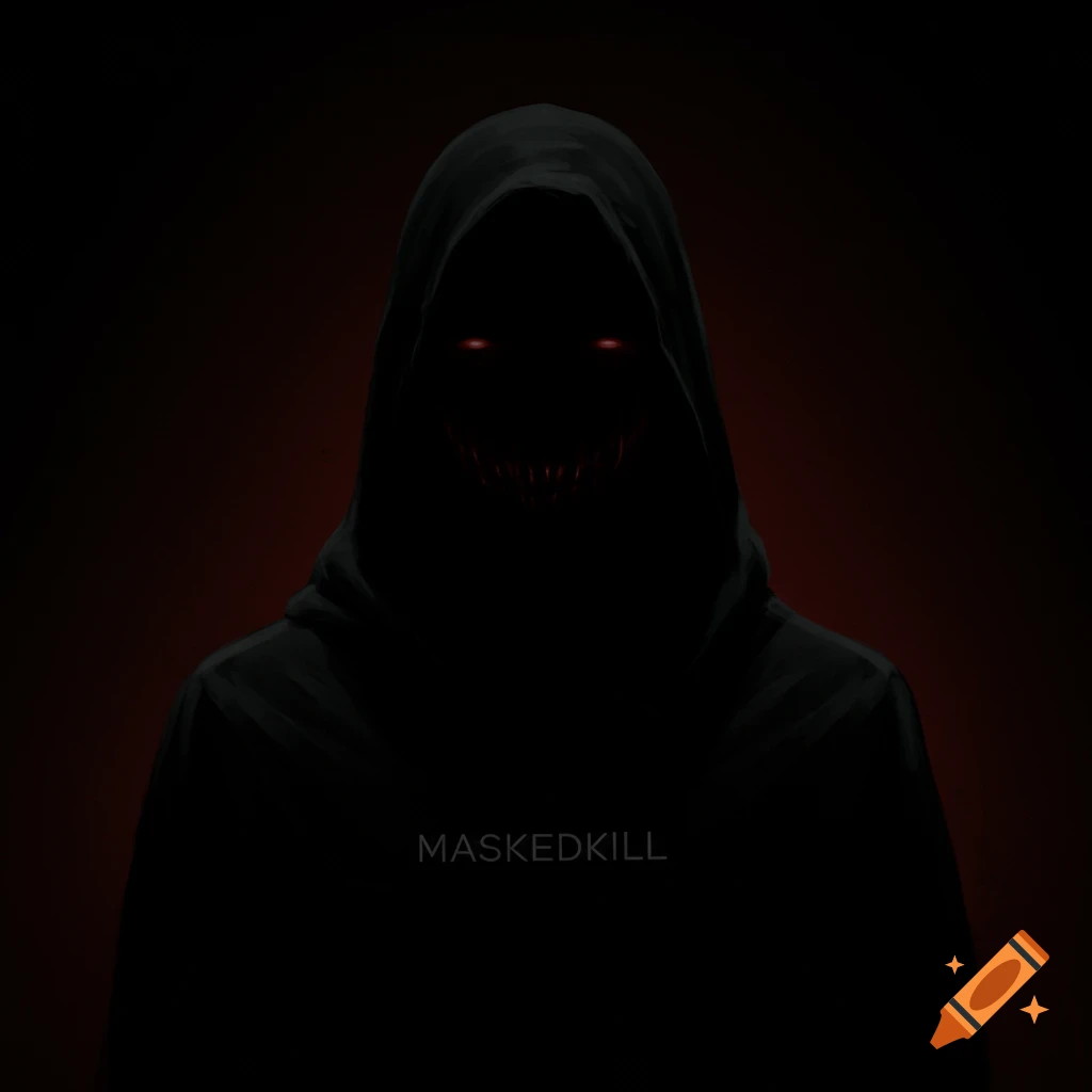 A dark hooded figure with glowing red eyes and sharp teeth, with the text MASKEDKILL below.