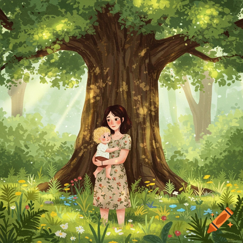 Illustration of a mother holding a baby under a large tree in a sunny forest clearing filled with flowers.