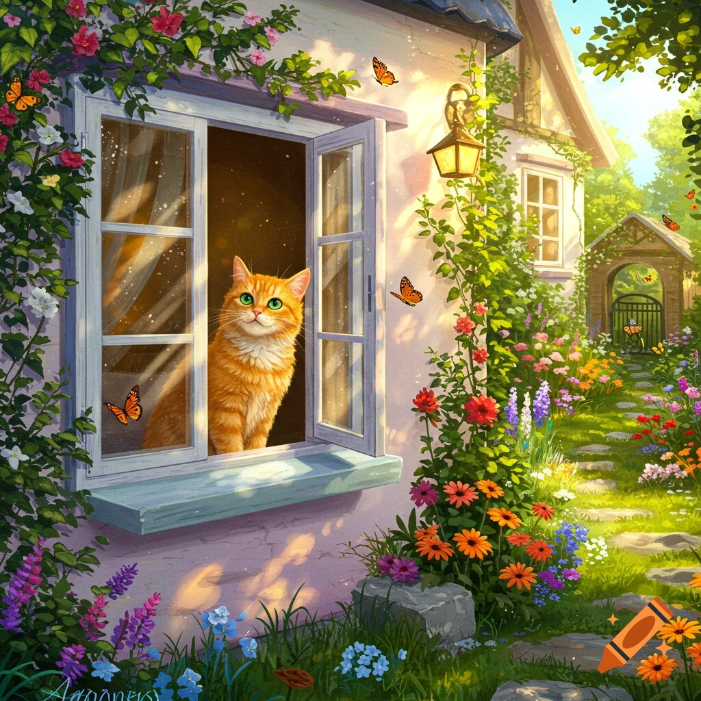 An illustration of an orange cat looking out of a cottage window surrounded by a vibrant flower garden.