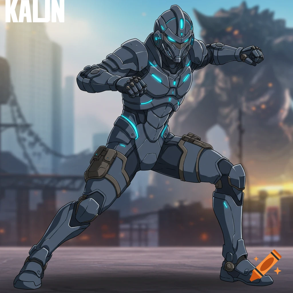 Anime style character in gray futuristic armor in a city with a giant monster