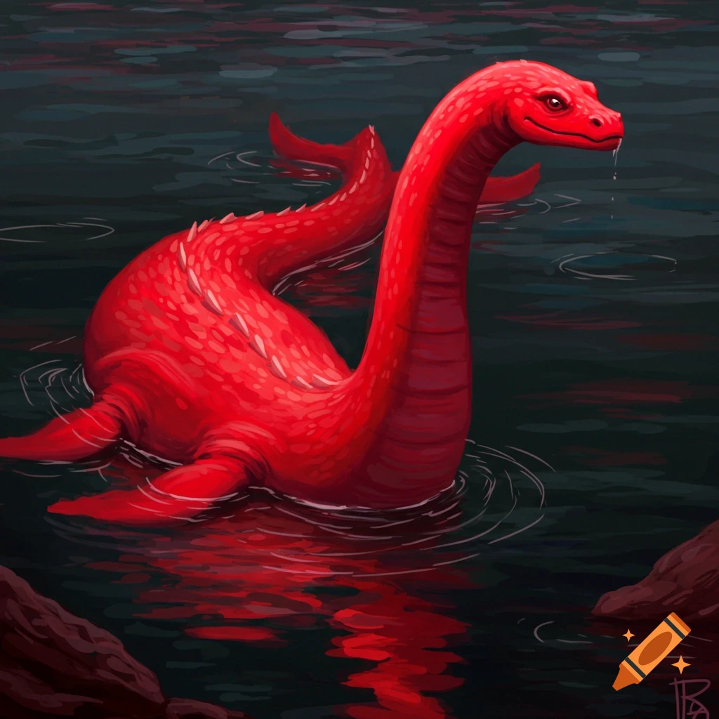 A bright red creature resembling the Loch Ness Monster emerges from dark water, illustrated digitally.