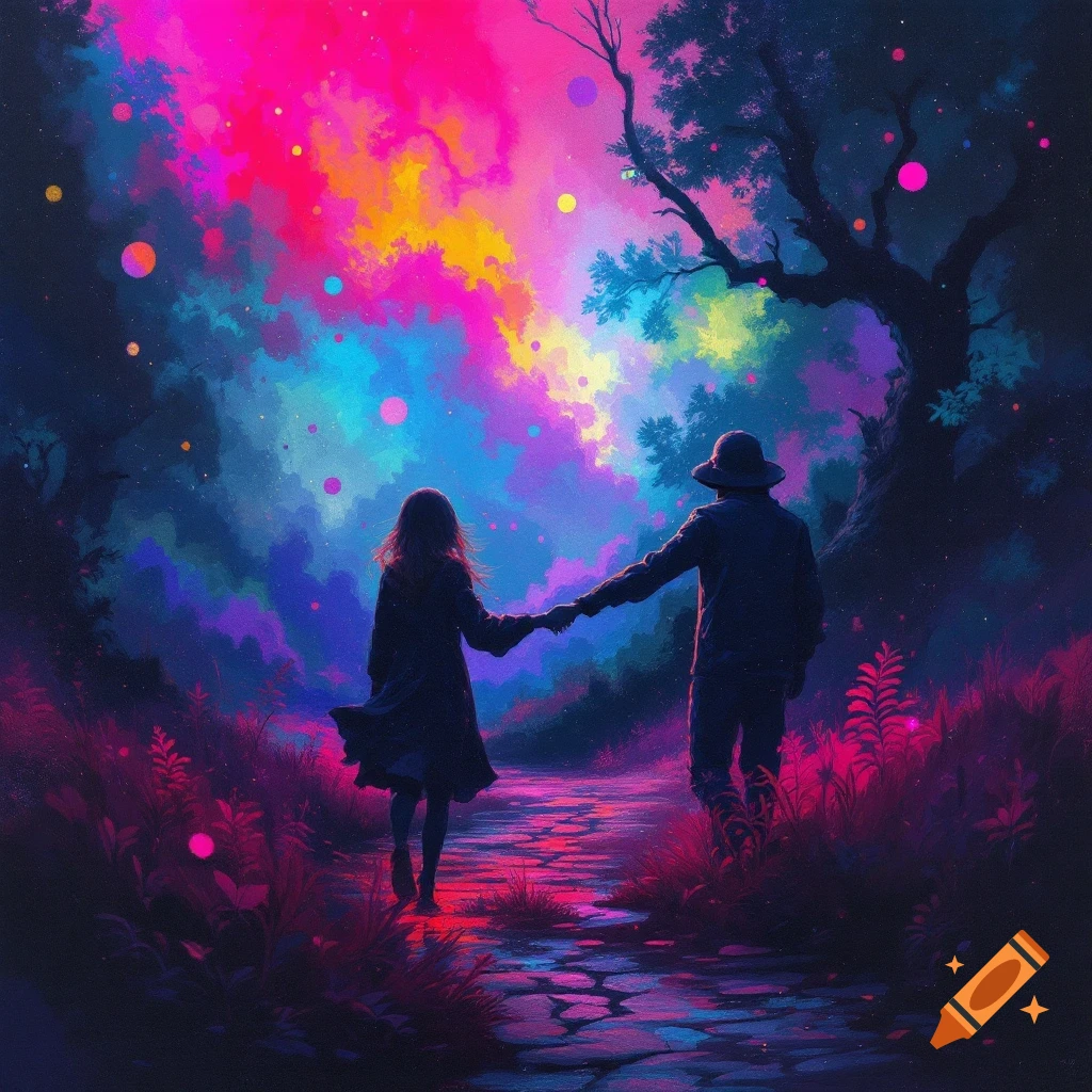 Two figures holding hands walk on a path in a vibrant, colorful fantasy forest with a psychedelic sky.