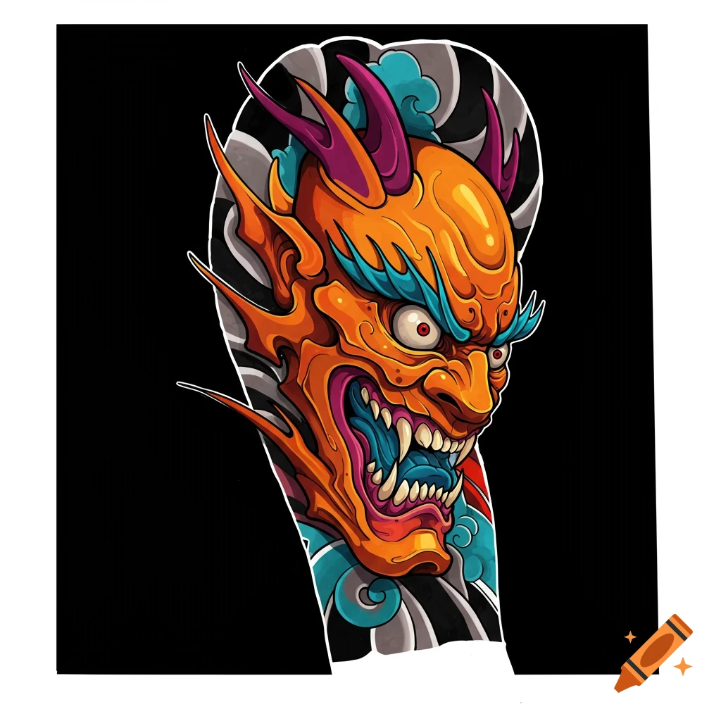 Colorful illustration of a fierce orange demon head in Japanese tattoo style.