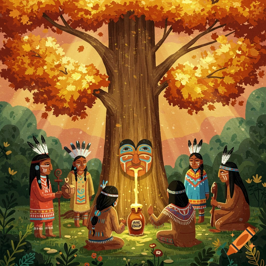 Illustration of Indigenous people collecting maple syrup from a tree trunk mask in an autumn forest.