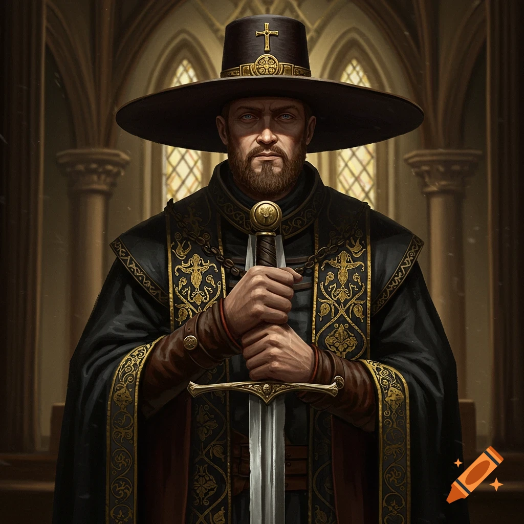 A bearded man in ornate black robes, a wide-brimmed hat with a cross, holds a sword in a cathedral.