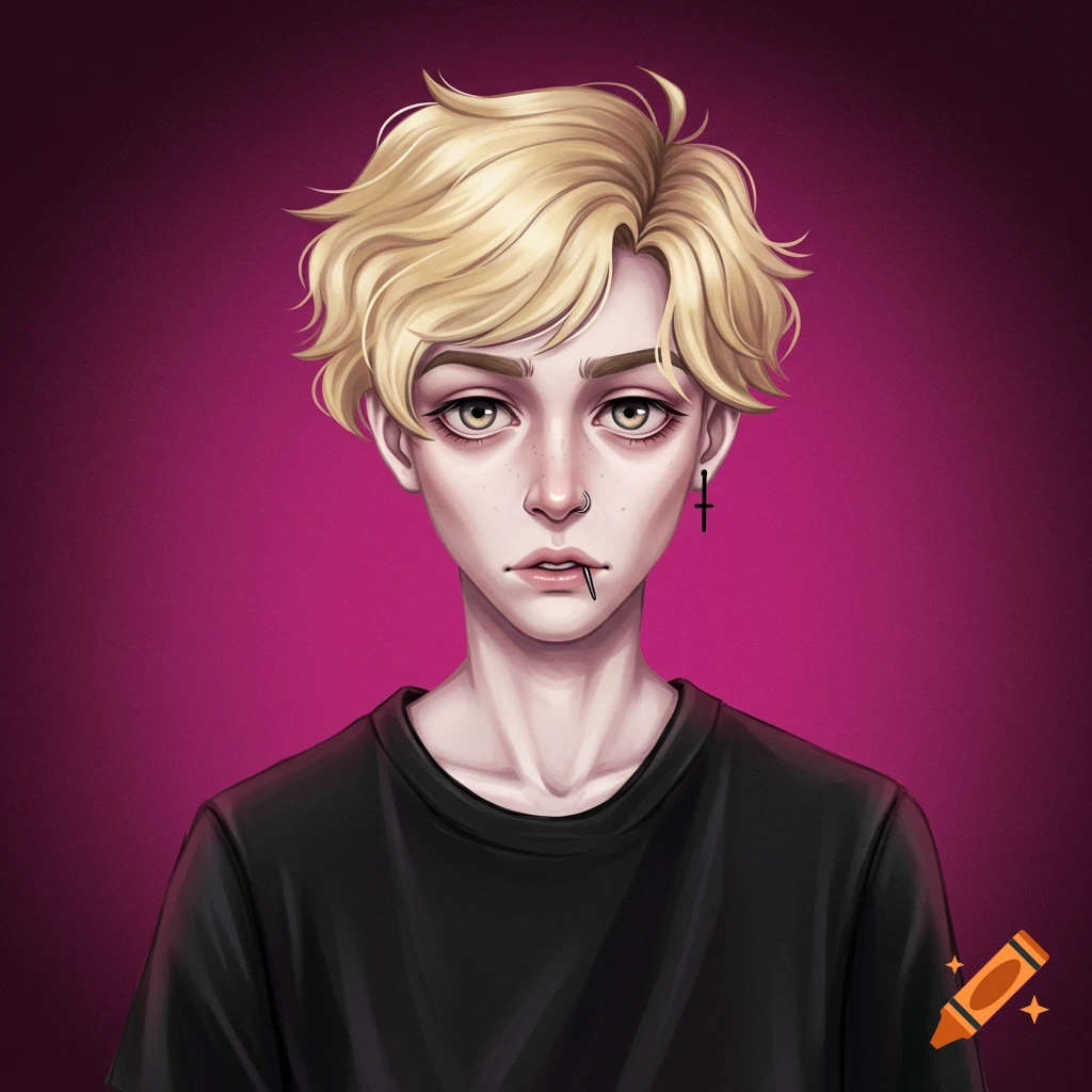 Digital illustration portrait of a person with blonde hair, piercings, and dark makeup against a pink background.