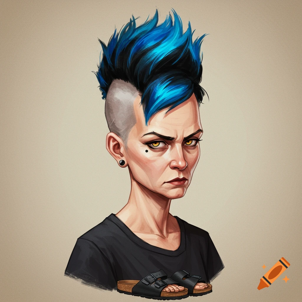 Stylized portrait of a woman with blue and black spiky hair, wearing a black t-shirt, holding black sandals.