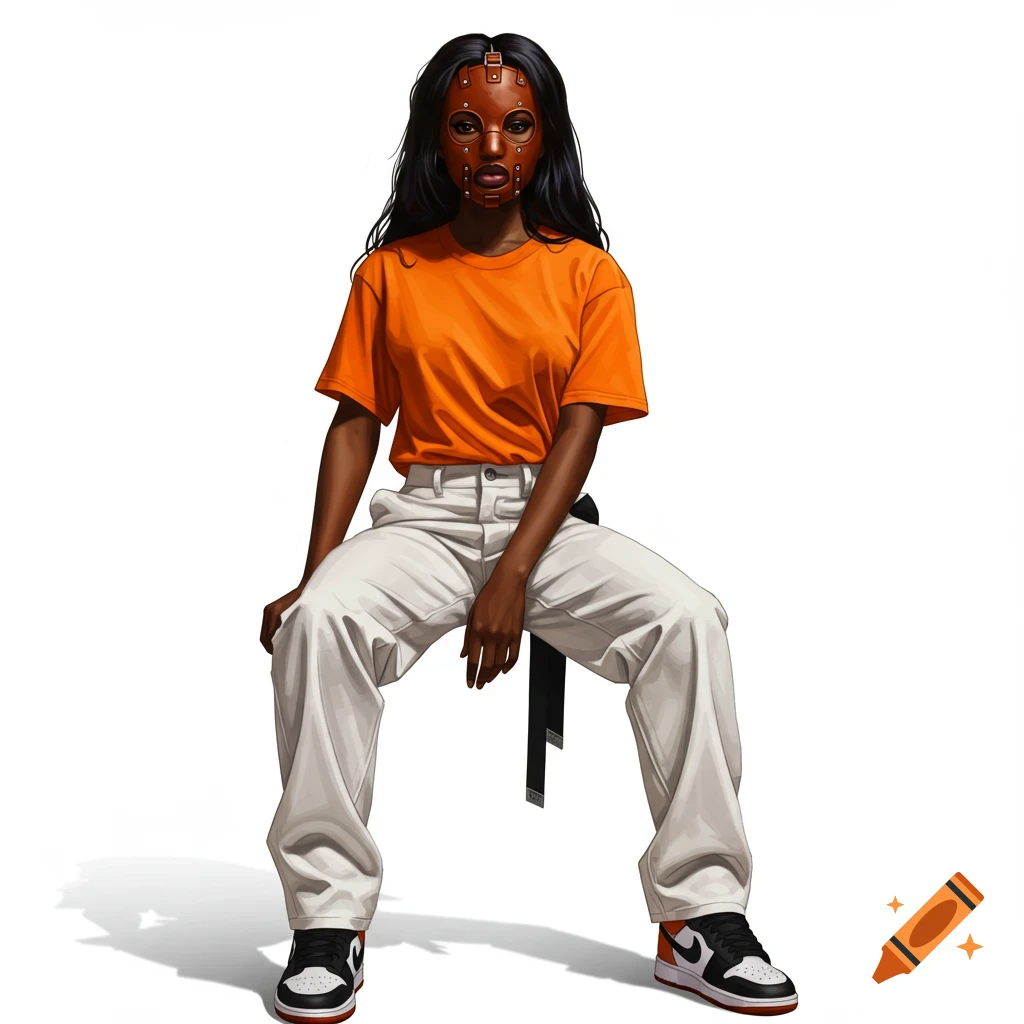 Illustration of a woman wearing an orange shirt, white pants, black shoes, and a leather mask, seated against a white background.