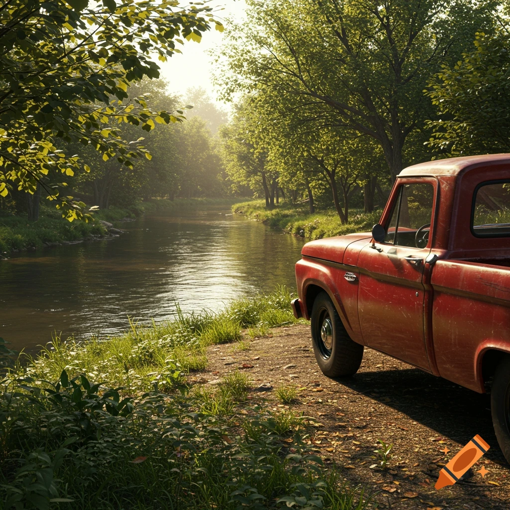 Red pickup truck parked on a dirt path by a river in a forest, photorealistic
