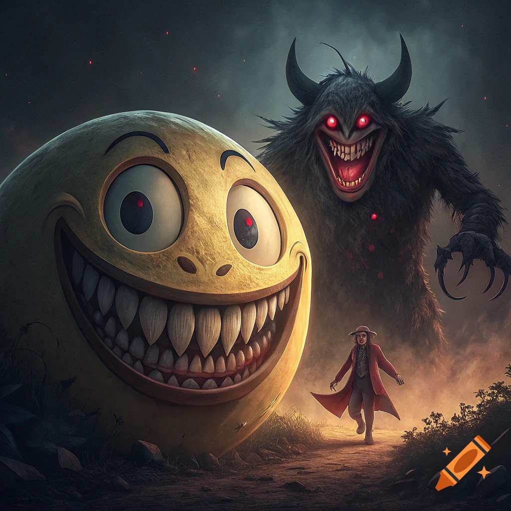 A giant smiley face monster with sharp teeth and a hairy demon chase a person in a dark, misty landscape.