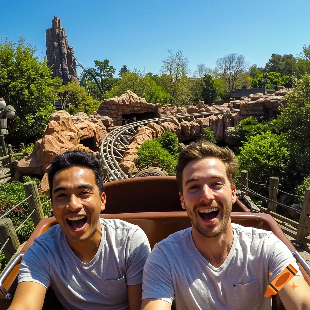 Two men laughing while riding a rollercoaster through a rocky landscape at a theme park.
