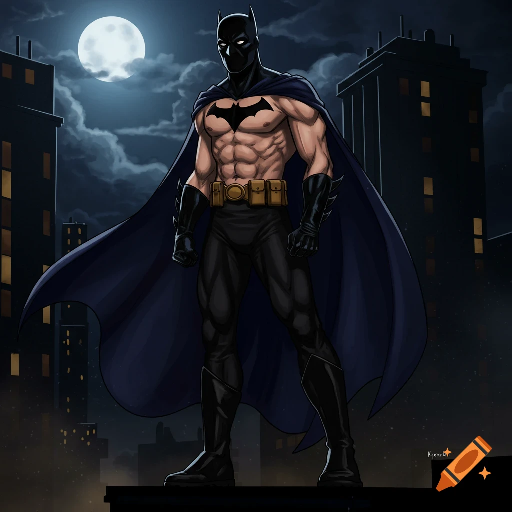 Comic art of Batman with exposed abs standing on a rooftop at night under a full moon.