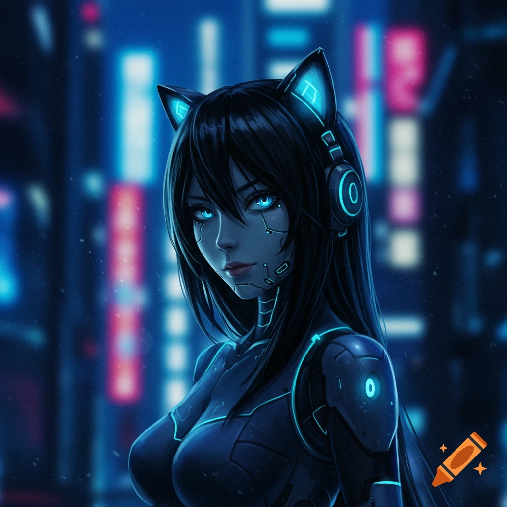 Anime portrait of a robot catgirl with black hair and blue eyes in a cyberpunk city
