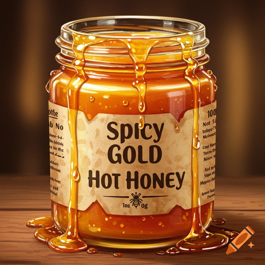 A glass jar of honey labeled "Spicy GOLD HOT HONEY", with thick honey dripping down the sides onto a wooden surface. Photorealistic style.