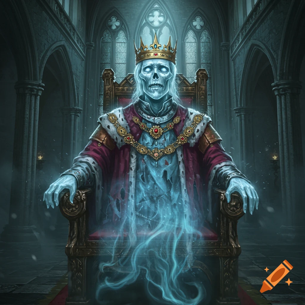 A skeletal ghost king wearing a crown and ornate robe sits on a throne in a gothic hall.