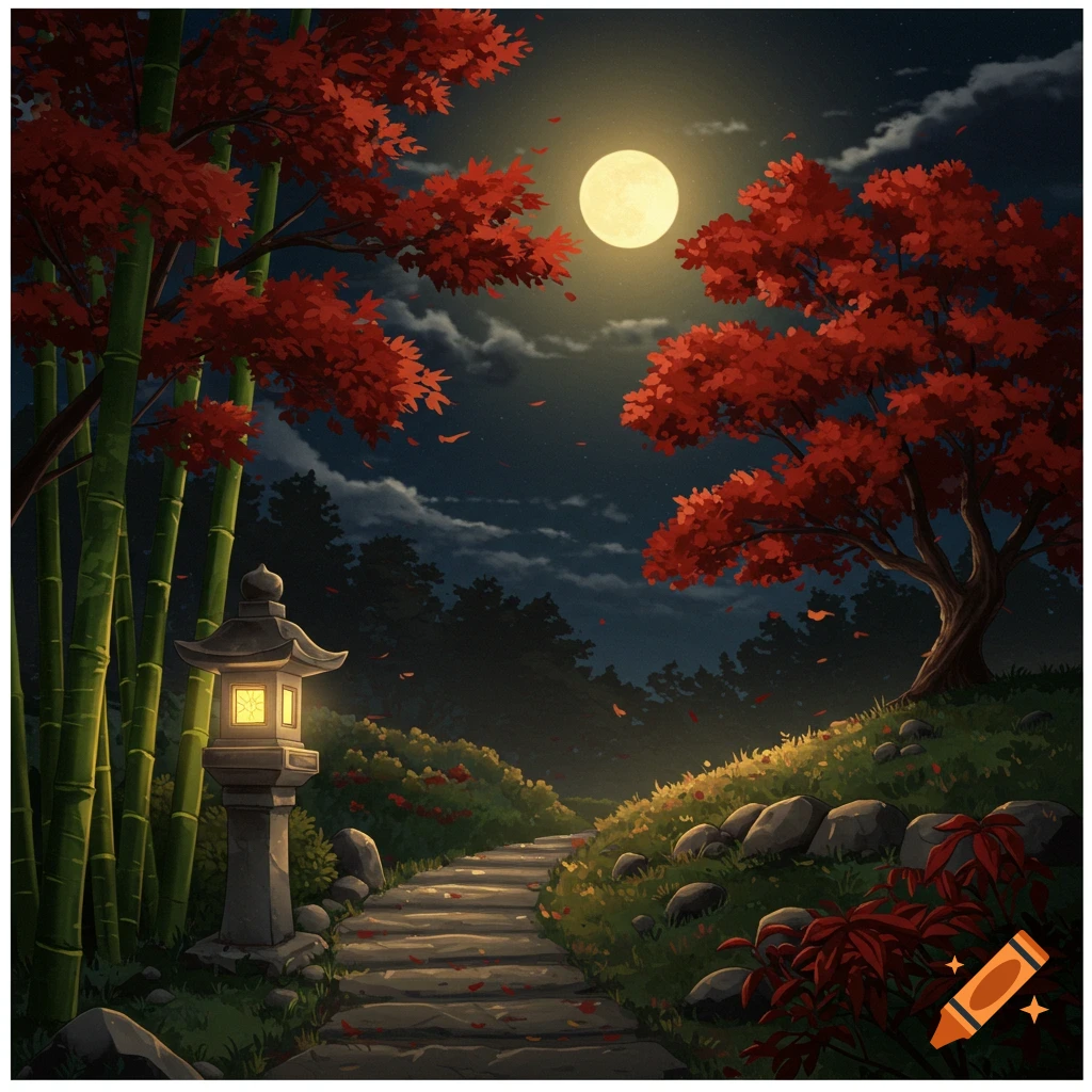 Moonlit garden path with red trees, bamboo, and stone lantern in an illustrative style.