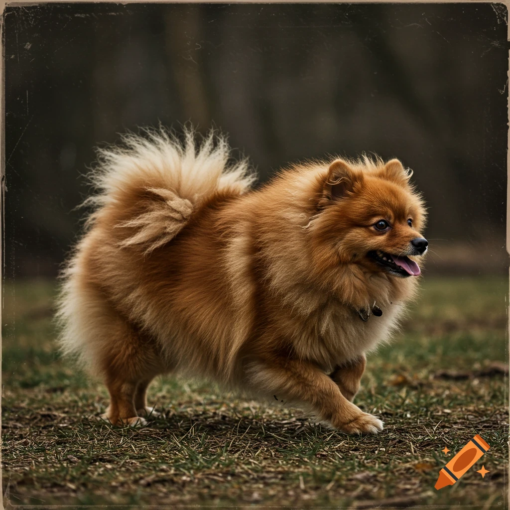 A fluffy brown Pomeranian dog runs across grass with its tongue out, in a slightly vintage style.