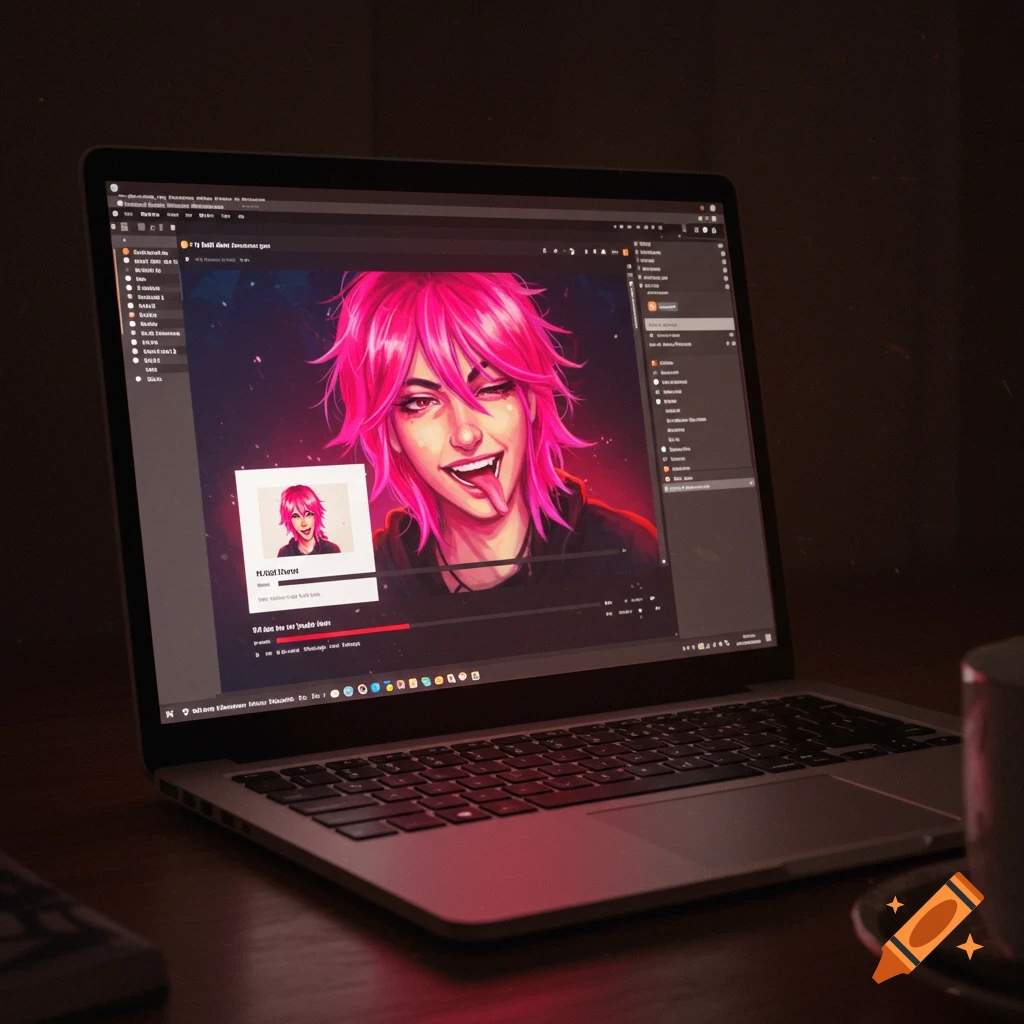 A laptop displays an anime-style illustration of a person with pink hair.