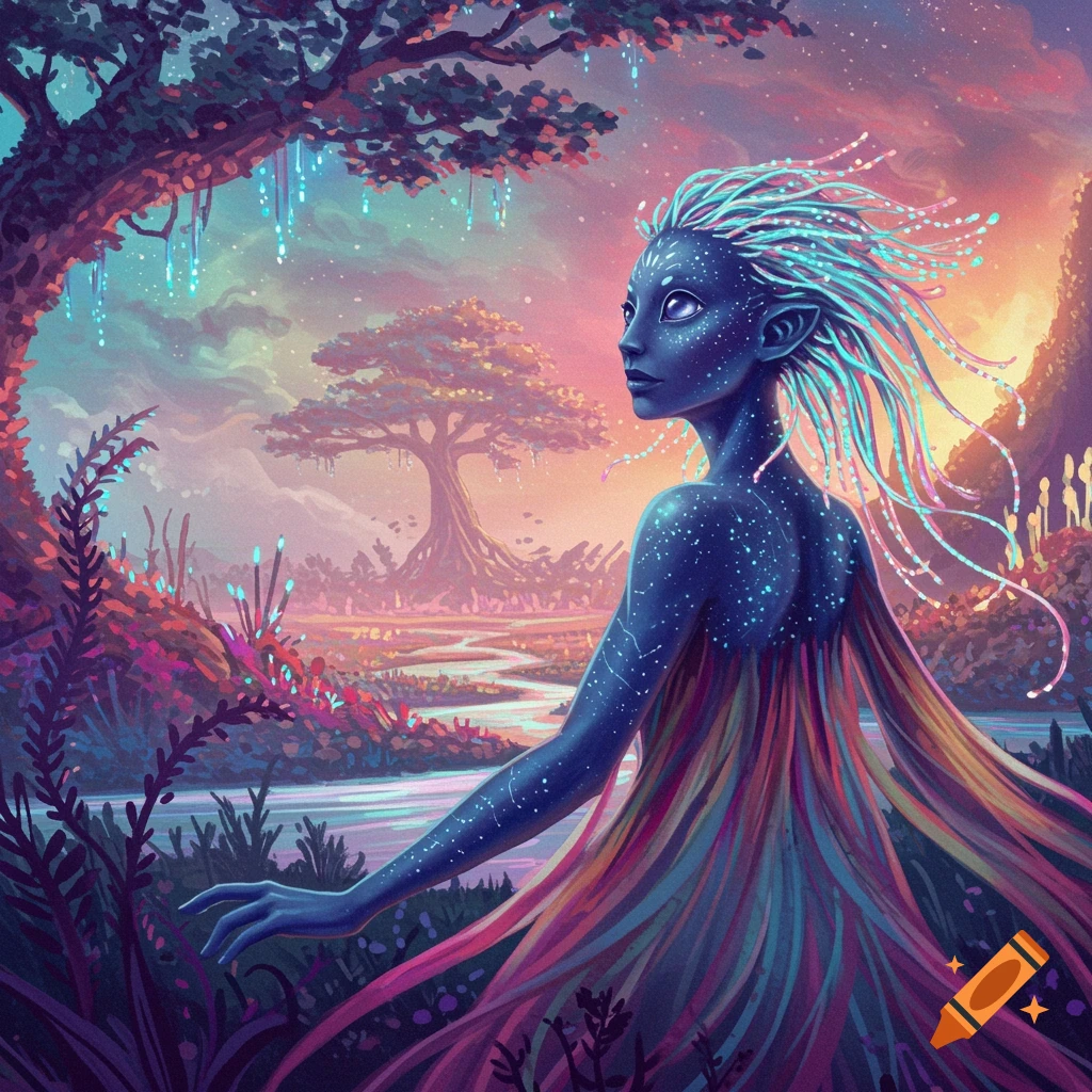 Blue alien figure with glowing hair and star-like patterns in a colorful fantasy landscape with strange flora.