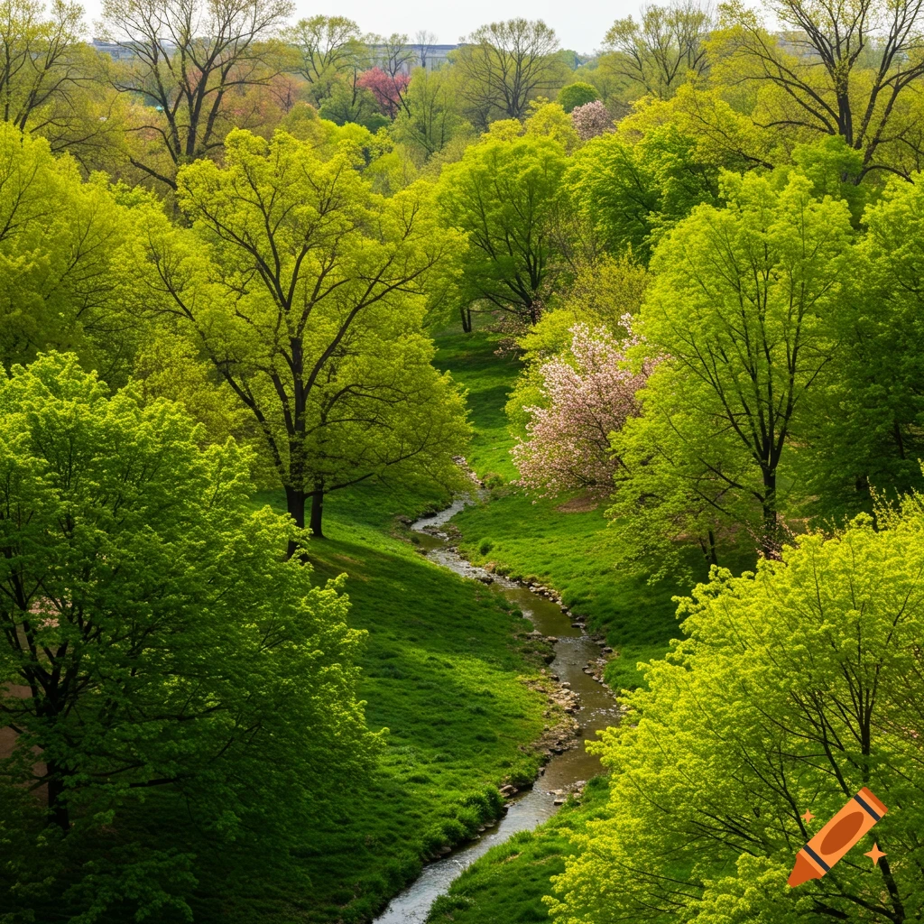 A stream winds through a lush green forest with trees in spring foliage and some pink blossoms.