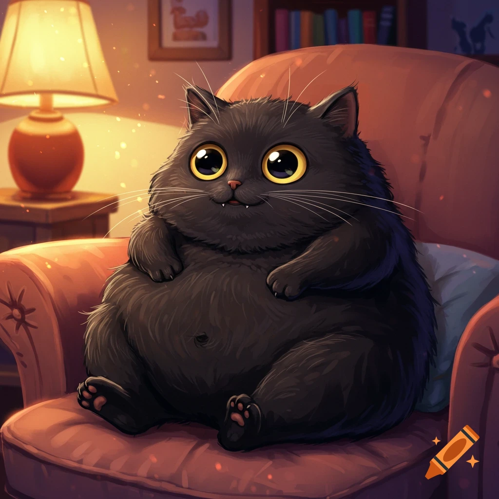 An illustration of a fluffy, overweight black cat with big yellow eyes sitting in a cozy armchair.