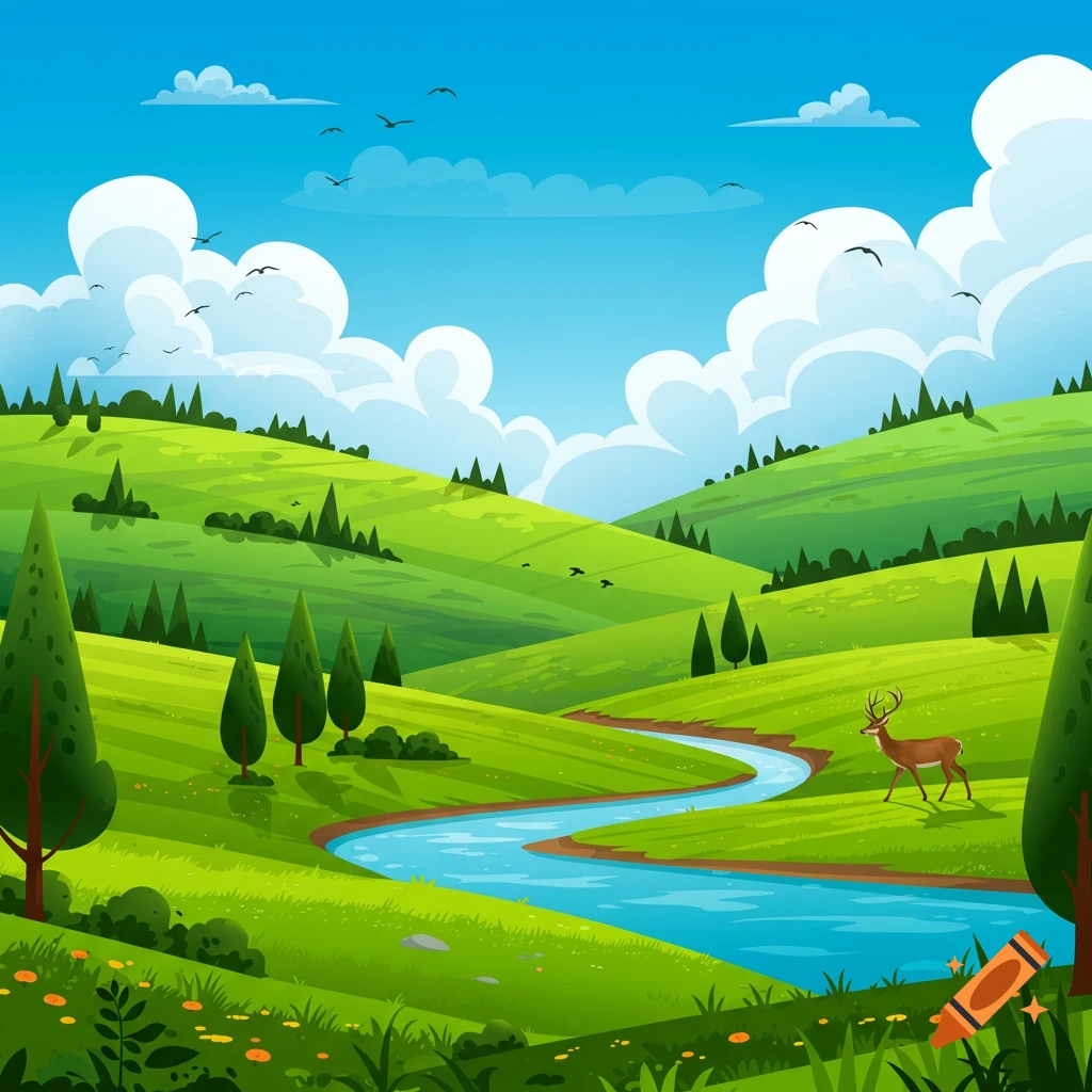 Cartoon illustration of a hilly green landscape with a winding river, trees, birds, and a deer.