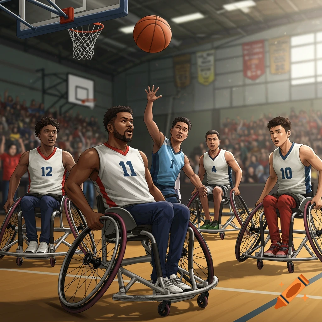 Illustration of players competing in a wheelchair basketball game.