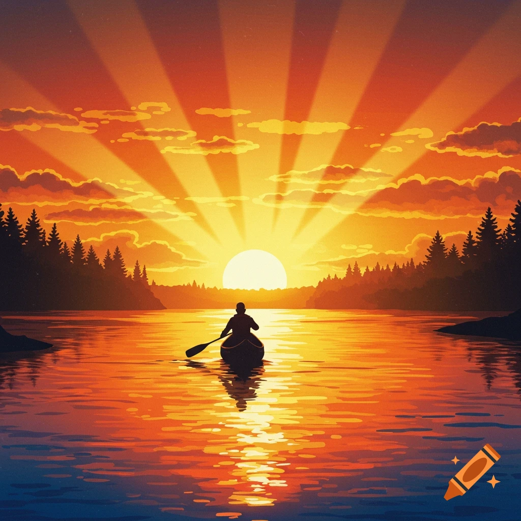Silhouette of a person canoeing on a lake at sunset with sun rays, graphic art style.