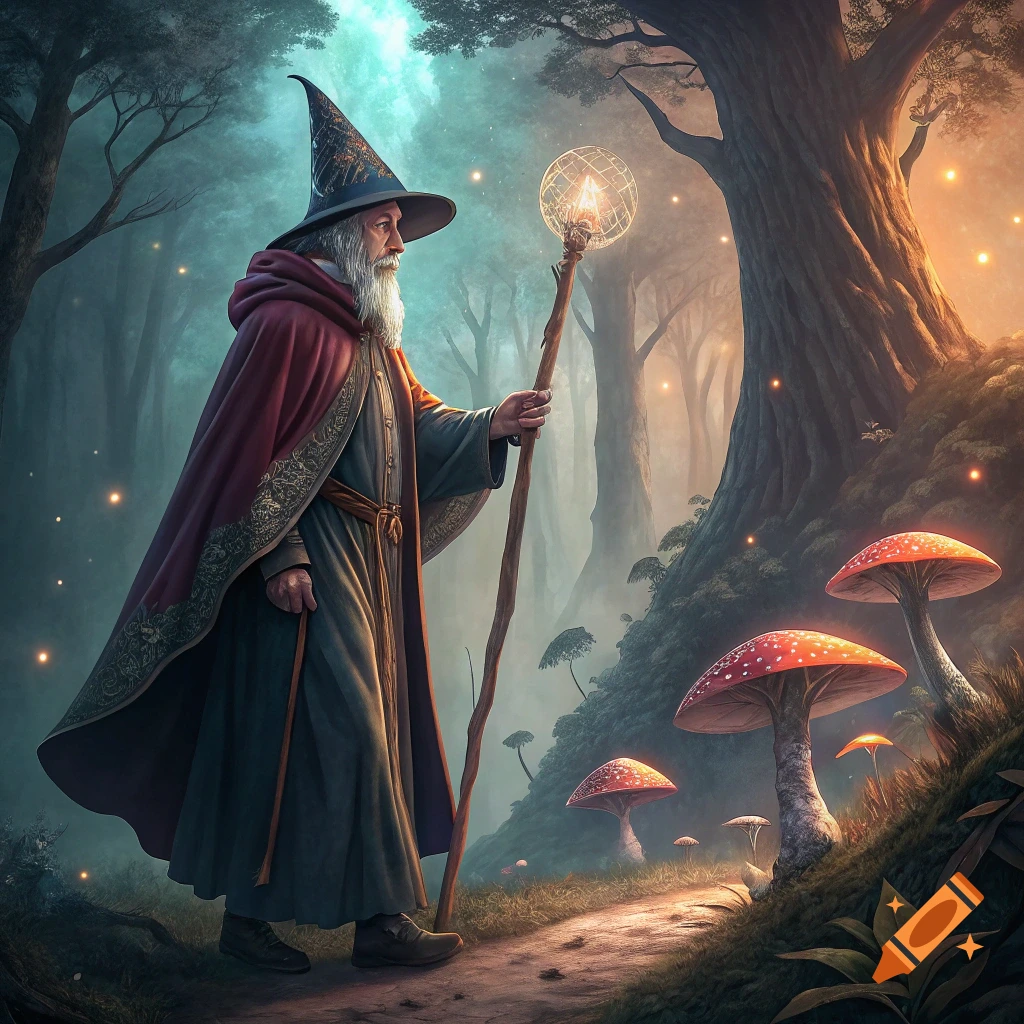 A wizard with a long beard and pointed hat stands in a magical forest, holding a glowing staff. Giant mushrooms are nearby.