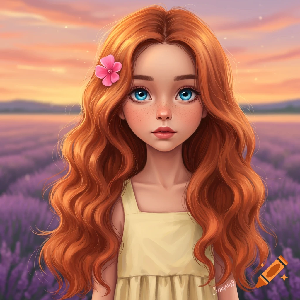 Stylized illustration of a girl with long red hair and blue eyes standing in a lavender field at sunset.
