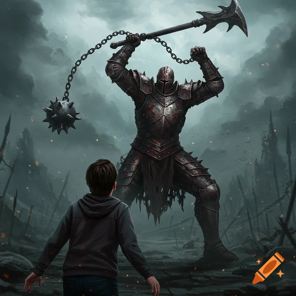 A small boy faces a towering dark knight swinging a flail on a ruined battlefield under a stormy sky.