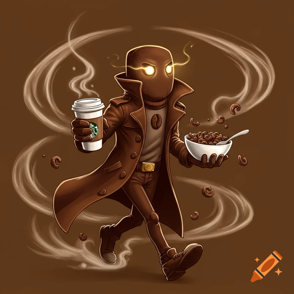 Cartoon character made of coffee holding a coffee cup and cereal bowl, in a Pixar-meets-Starbucks style.