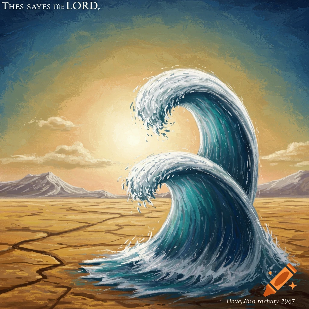 Two large waves crash in a cracked desert landscape under a bright sky with mountains in the background, in a painted style.